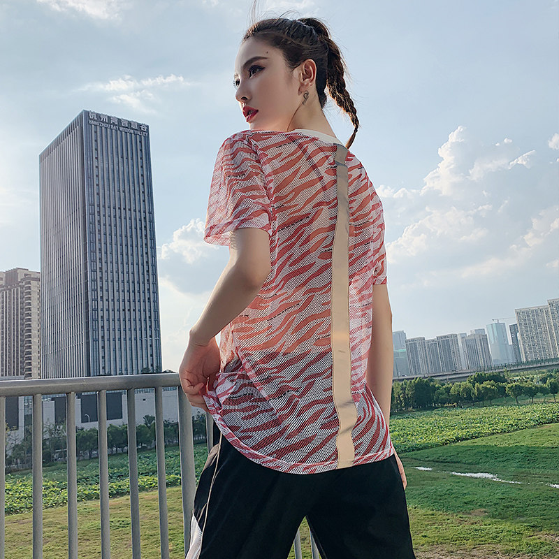 UHQ运动上衣女网纱罩衫宽松速干健身衣长款薄款半袖T恤瑜伽短袖