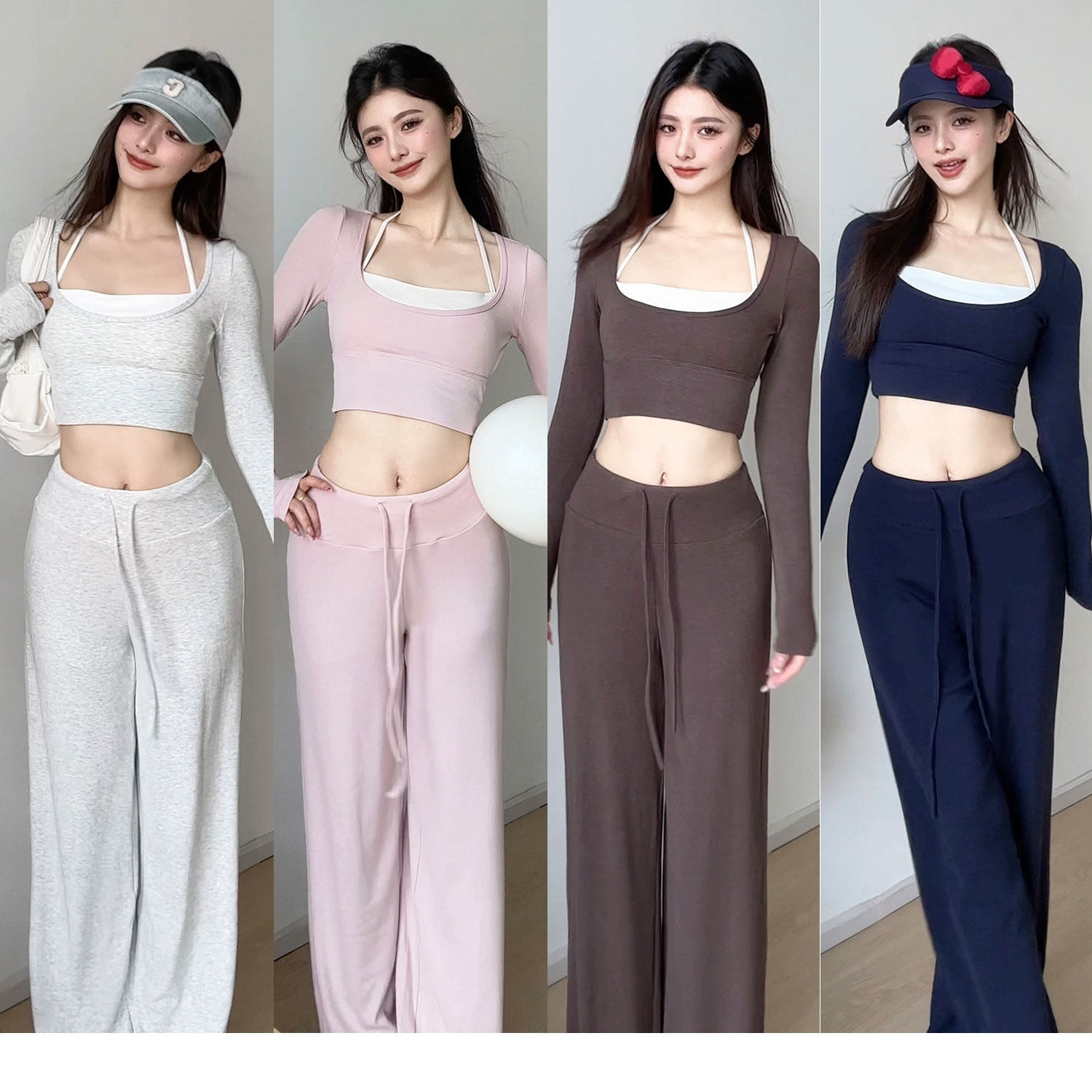 休闲运动套装女春季带胸垫假两件长袖瑜伽服显瘦修身阔腿裤健身服