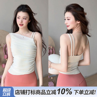 gogoyoga斜肩瑜伽背心带胸垫夏高级感网纱拼接普拉提训练运动上衣