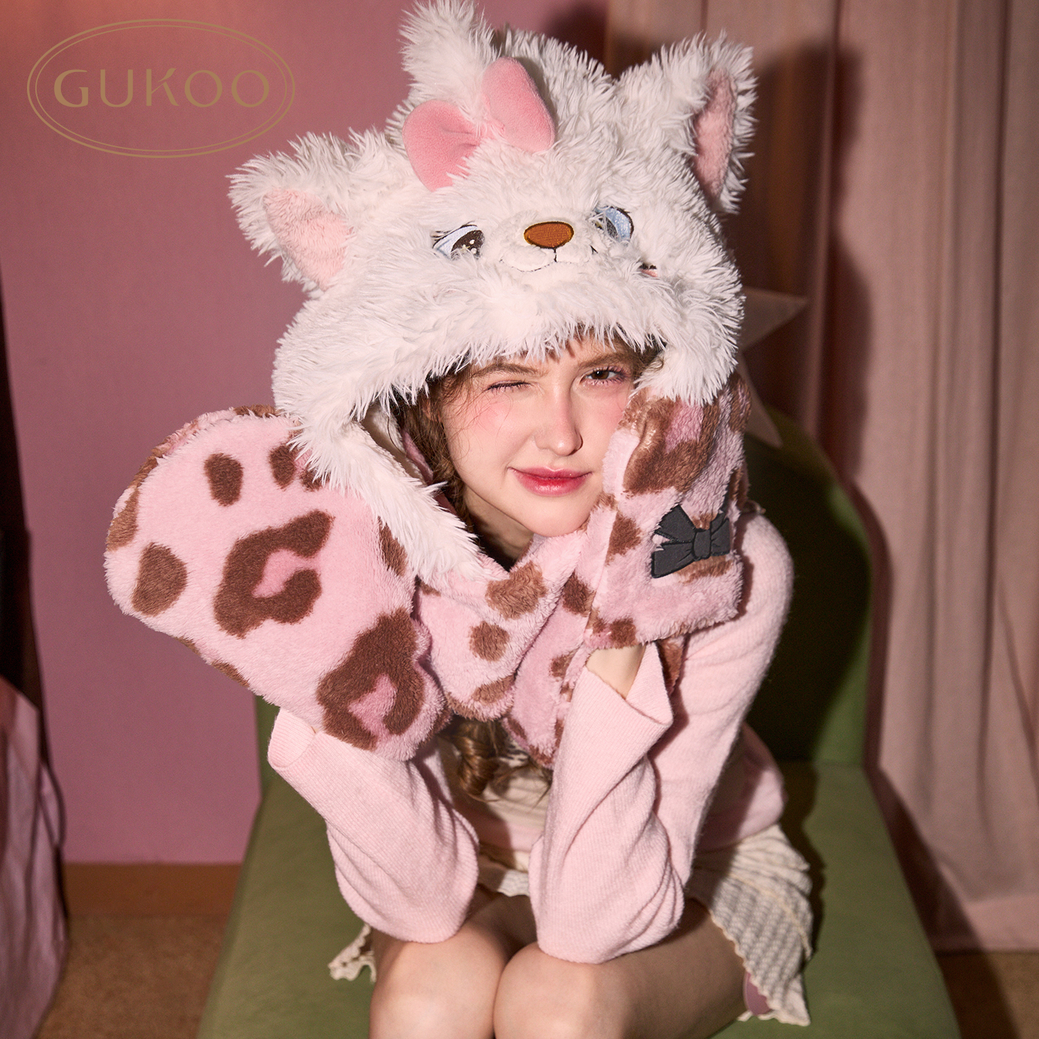 果壳帽子女冬季毛绒玛丽猫联名豹纹帽子围巾手套一体三合一帽子