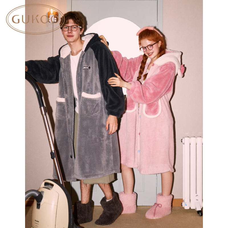 Gukoo/果壳睡衣女冬款情侣保暖家居服连帽睡袍