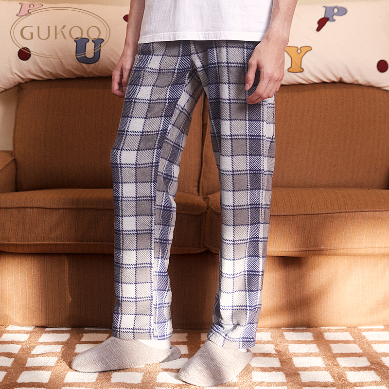 Gukoo/果壳睡裤男冬纯色简约加绒裤格子满印冬款男家居裤