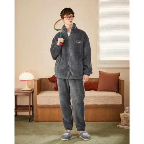 Gukoo/果壳睡衣男秋冬新品珊瑚绒保暖简约纯色可外穿家居服套装