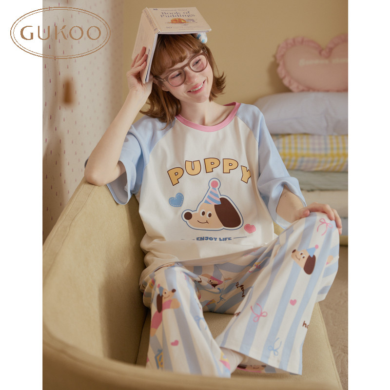 Gukoo/果壳睡衣女四季款轰轰小狗竖条纹可爱卡通睡衣套装