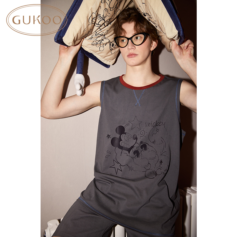 Gukoo/果壳睡衣男夏款纯棉迪士尼系列米奇无袖男家居服套装
