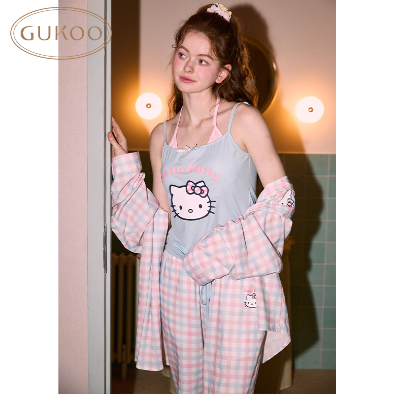 Gukoo/果壳睡衣女四季款hello Kitty联名吊带格纹家居服套装