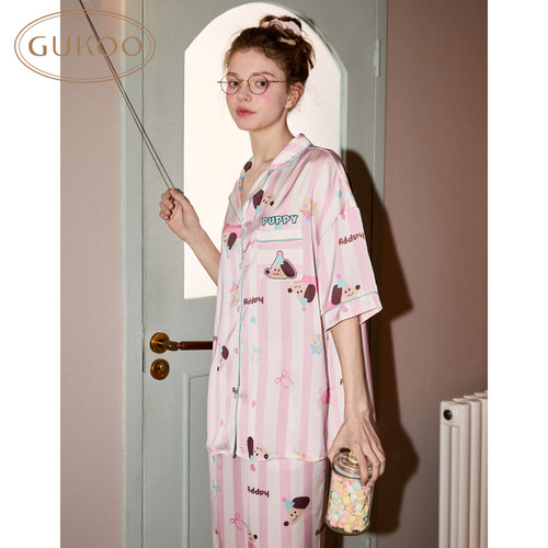 Gukoo/果壳睡衣女夏款轰轰小狗系列冰丝质感家居服套装