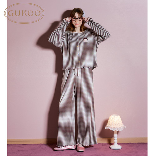 Gukoo/果壳睡衣女春秋新款樱桃小丸子联名仿德绒条纹家居服套装