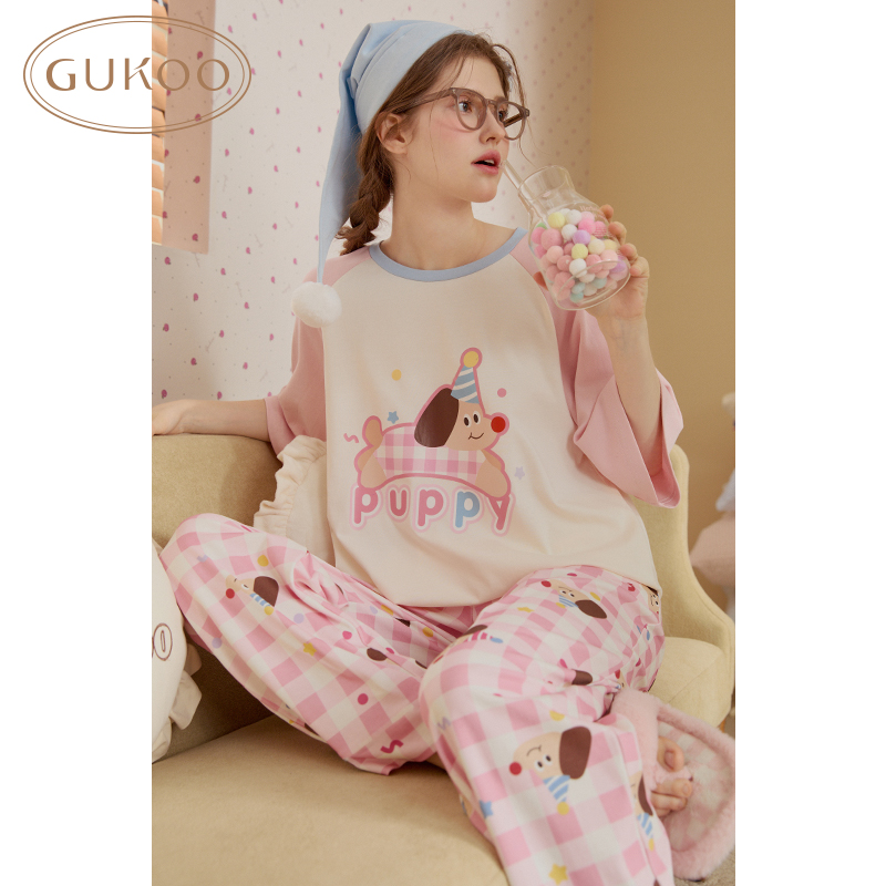 Gukoo/果壳睡衣女春秋款轰轰小狗系列甜美满印短袖家居服套装