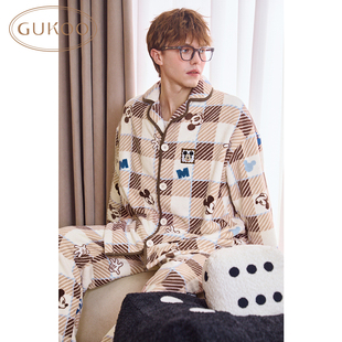 迪士尼系列格子加绒保暖家居服套装 Gukoo 果壳睡衣男冬季