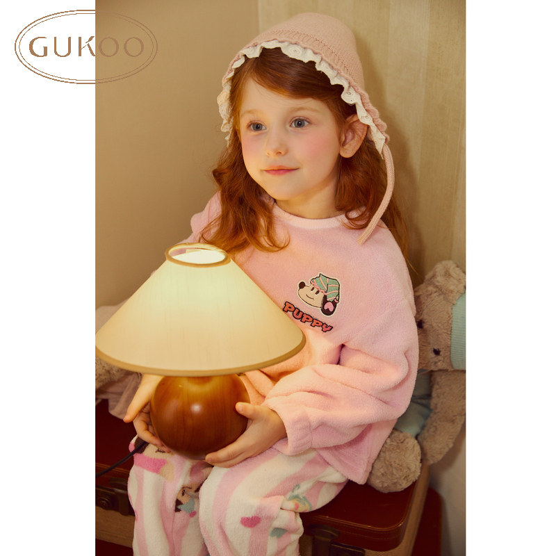 Gukoo/果壳睡衣儿童冬款加绒轰轰小狗可爱竖条纹女童家居服套装
