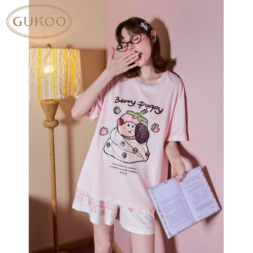 Gukoo/果壳睡衣女夏款轰轰小狗竖条纹卡通可爱居家服套装