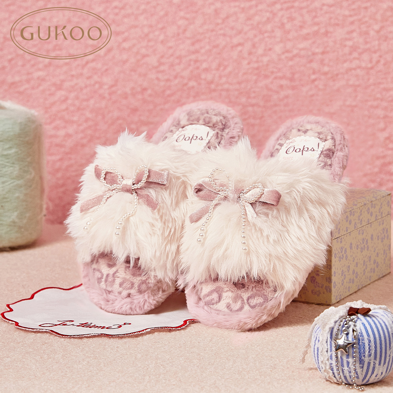 Gukoo/果壳拖鞋女秋冬新品粉色蝴蝶结甜美少女系列居家毛绒拖鞋图片
