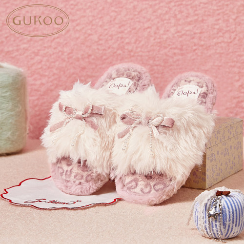 Gukoo/果壳拖鞋女秋冬新品粉色蝴蝶结甜美少女系列居家毛绒拖鞋