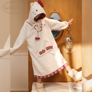 Gukoo hellokitty联名可爱纯色保暖连帽家居睡裙 果壳睡衣女冬季