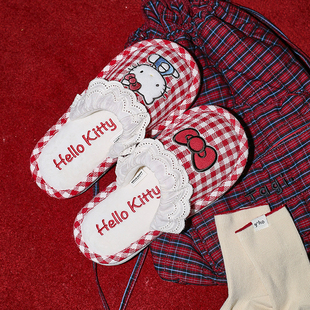 kitty联名格纹包头地板家居拖鞋 Gukoo 果壳棉拖女冬Hello