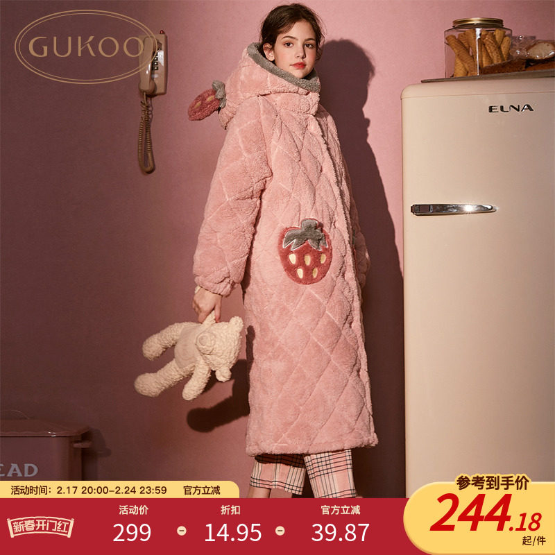 Gukoo/果壳睡衣女冬夹棉款草莓系列三层夹棉加绒加厚家居服睡袍
