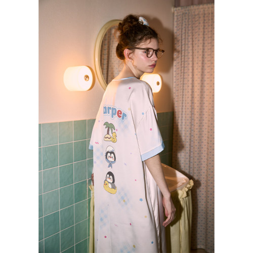 Gukoo/果壳睡衣女夏款企鹅大卡通冰丝质感短袖可外穿家居服睡裙