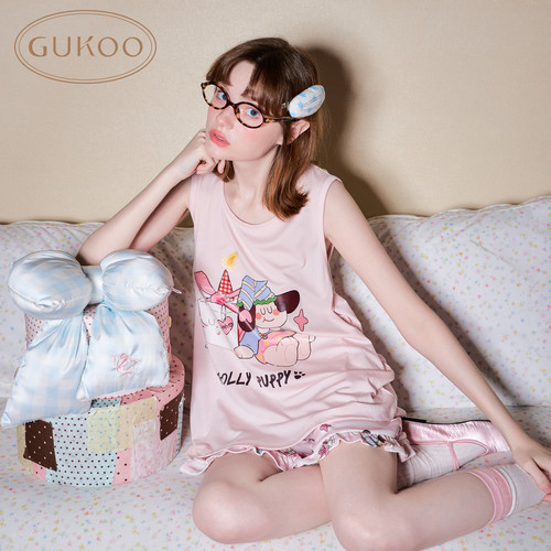 Gukoo/果壳睡衣女夏季新款轰轰小狗系列甜美印花家居服套装可外穿