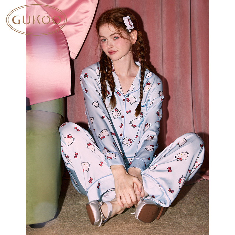 Gukoo/果壳睡衣女春秋款hellokitty系列冰丝质感家居服套装