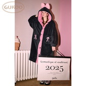 Gukoo 果壳睡衣女秋冬款 加绒保暖蝴蝶结连帽家居睡袍