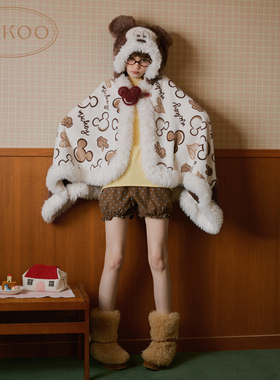 Gukoo/果壳睡衣女冬款米奇系列卡通满印斗篷连帽居家服套装