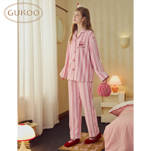 竖条纹蝴蝶结印花加绒家居服套装 Gukoo 果壳睡衣女冬款