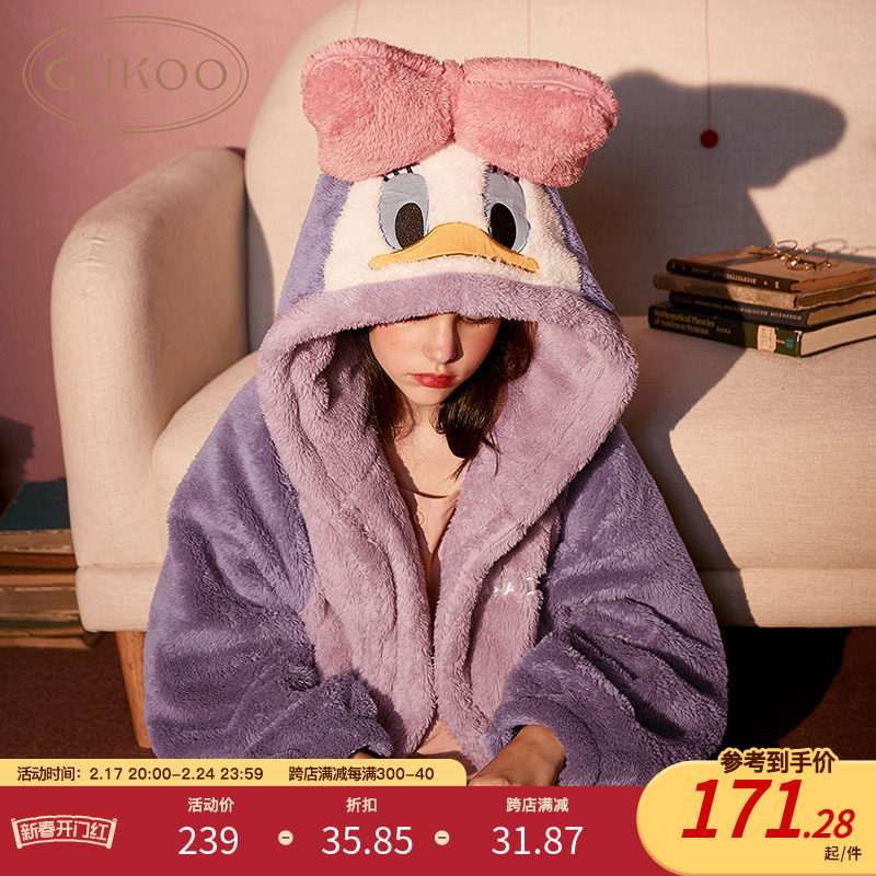 Gukoo/果壳迪士尼睡衣女秋冬珊瑚绒睡裙长款睡袍法兰绒冬季家居服