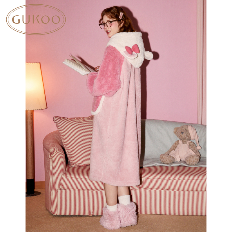Gukoo/果壳睡衣女冬款连帽保暖情侣睡袍可外穿家居服