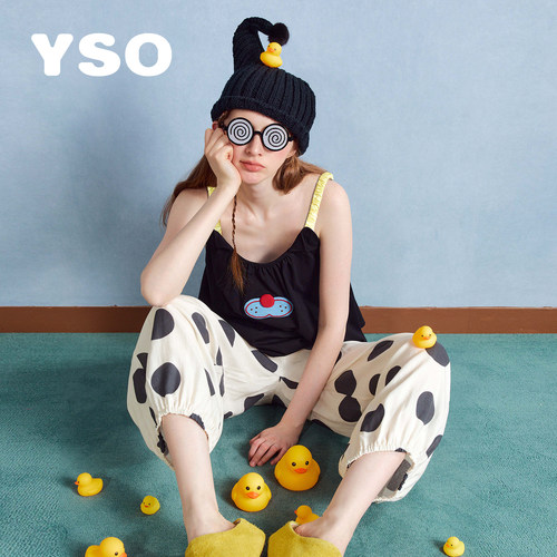 yso【酷猫系列】睡衣女夏季卡通波点吊带两件套家居服套装可外穿
