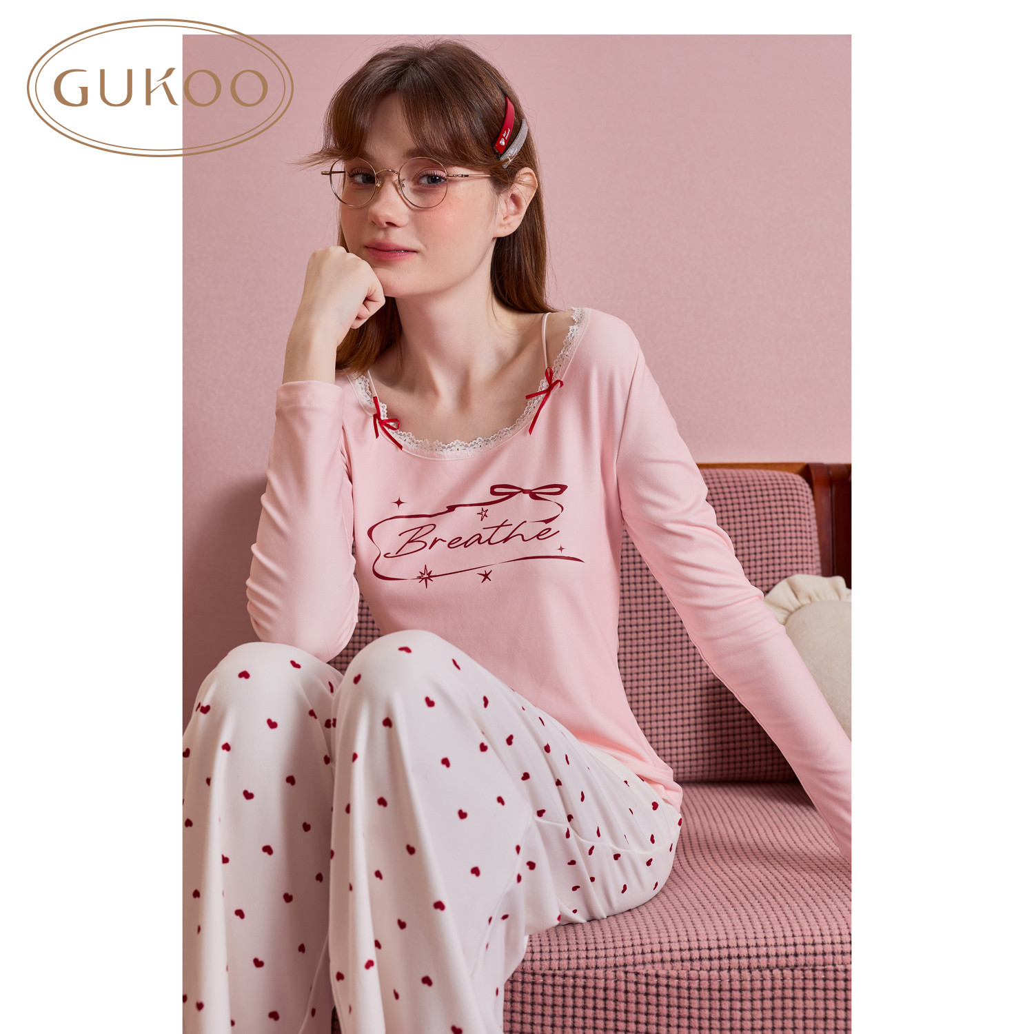 Gukoo/果壳睡衣女秋冬新品蕾丝边满印仿德绒保暖可外穿家居服套装