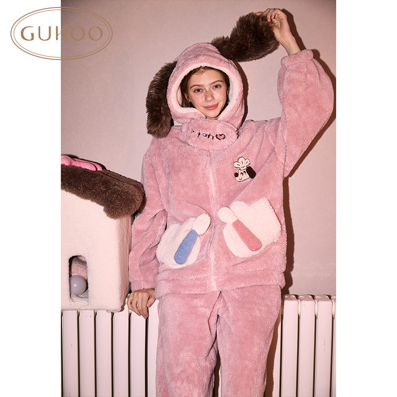 Gukoo/果壳睡衣女冬款加绒保暖轰轰小狗可爱新款连帽居家服套装