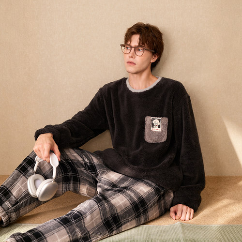 Gukoo/果壳睡衣男秋冬新品珊瑚绒保暖格子裤可外穿小标家居服套装