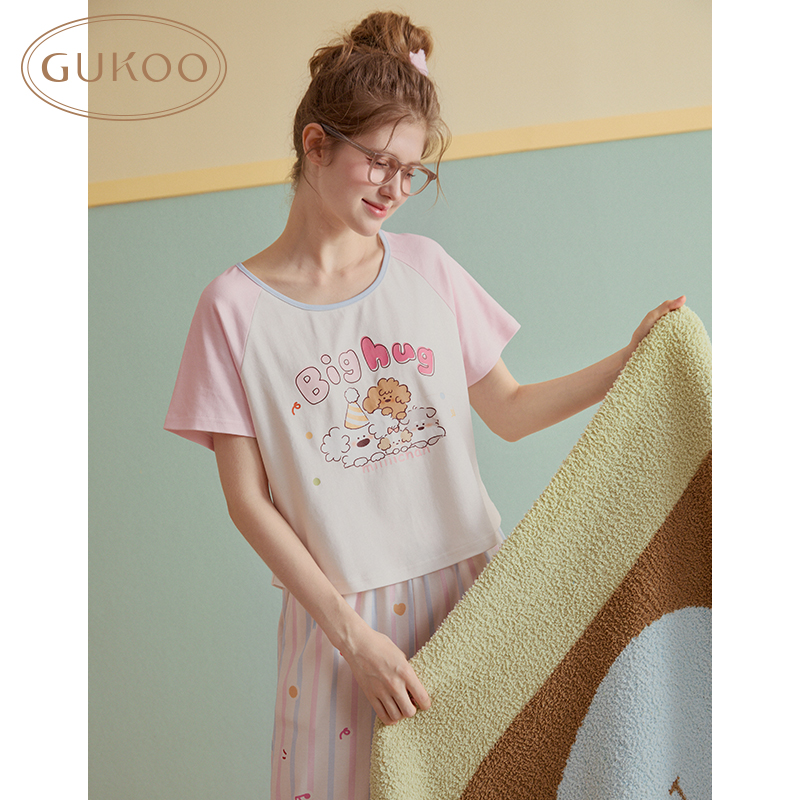 Gukoo/果壳睡衣女春秋款IP系列甜美短袖长裤家居服套装