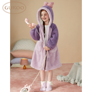 睡衣儿童蝴蝶结冬款女童珊瑚绒可爱连帽家居服睡袍