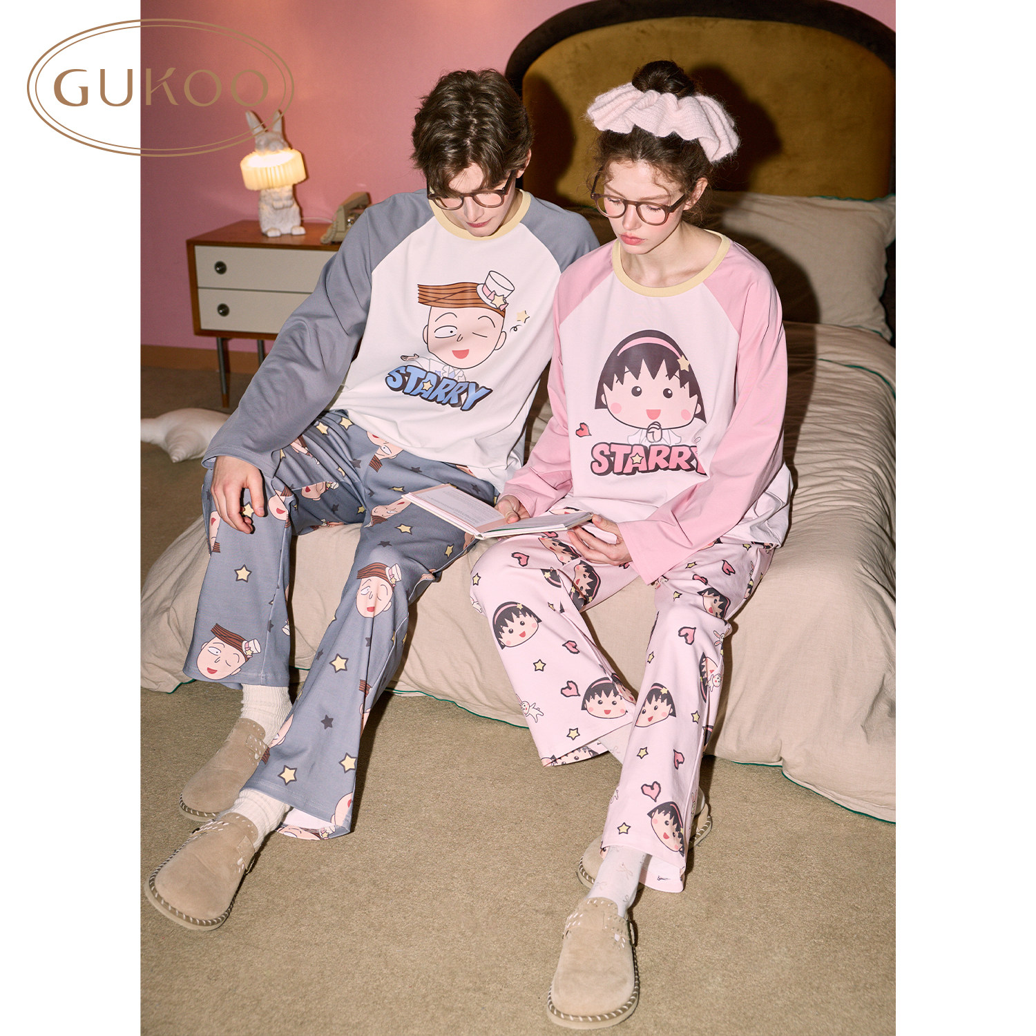 Gukoo/果壳情侣睡衣春秋樱桃小丸子联名卡通印花家居服套装可外穿