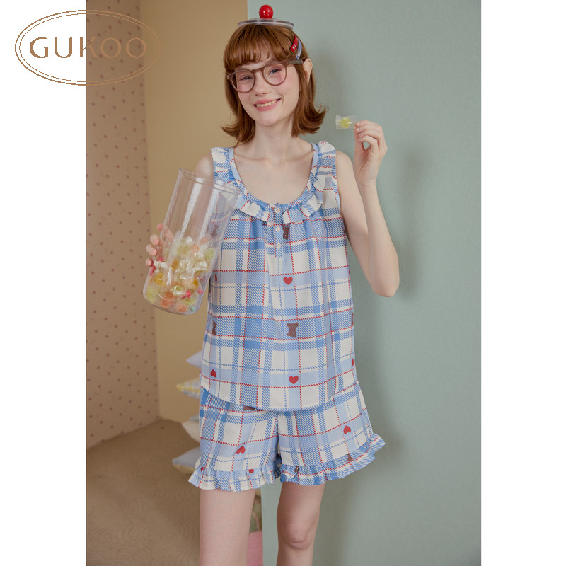 Gukoo/果壳睡衣女夏款格纹小熊可爱娃娃领短裤居家套装,女士内衣/男士内衣/家居服,睡衣/家居服套装,淘宝优惠券,粉丝福利购,淘宝优惠卷