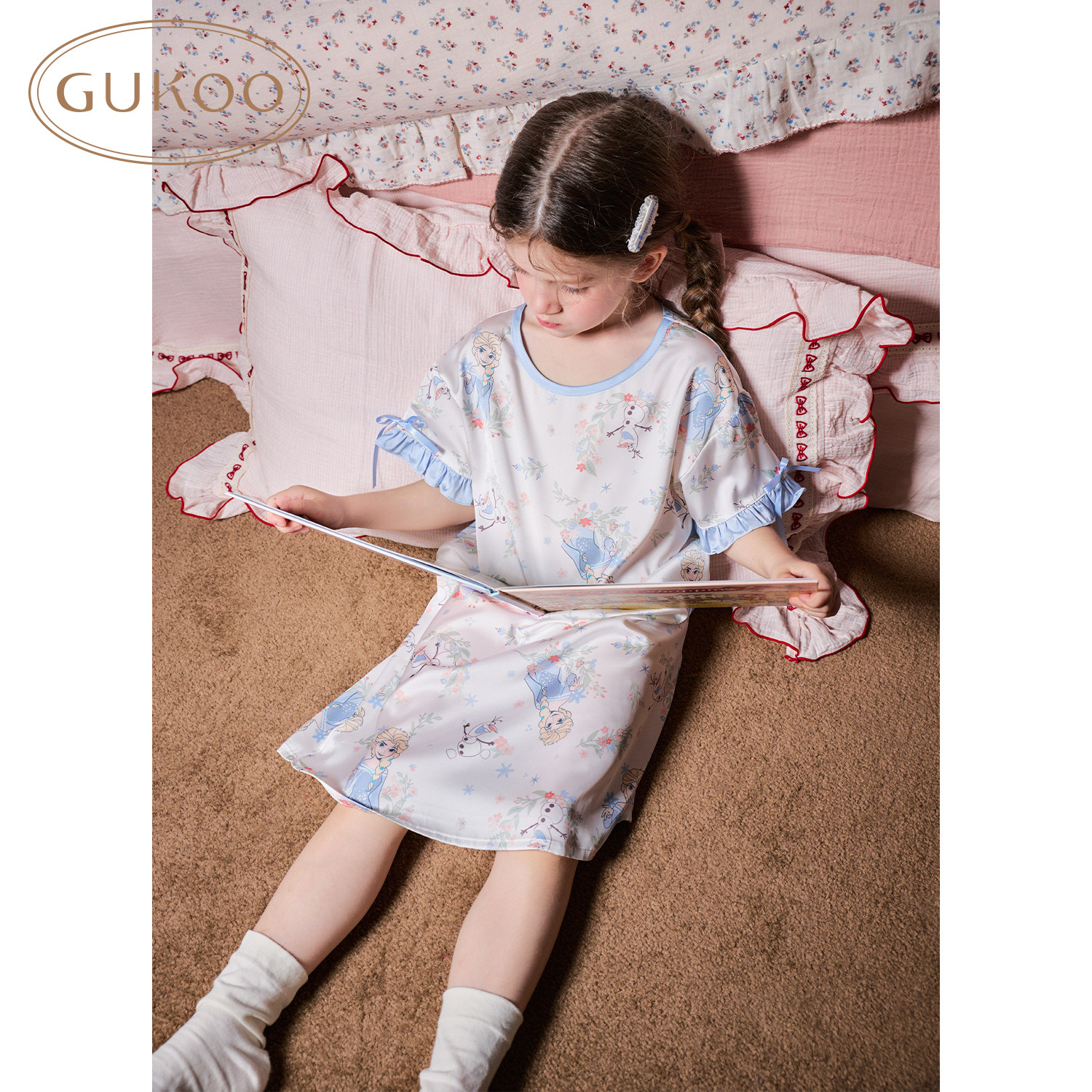 Gukoo/果壳睡衣女童夏季甜美艾莎公主冰丝睡裙荷叶边可外穿家居服图片