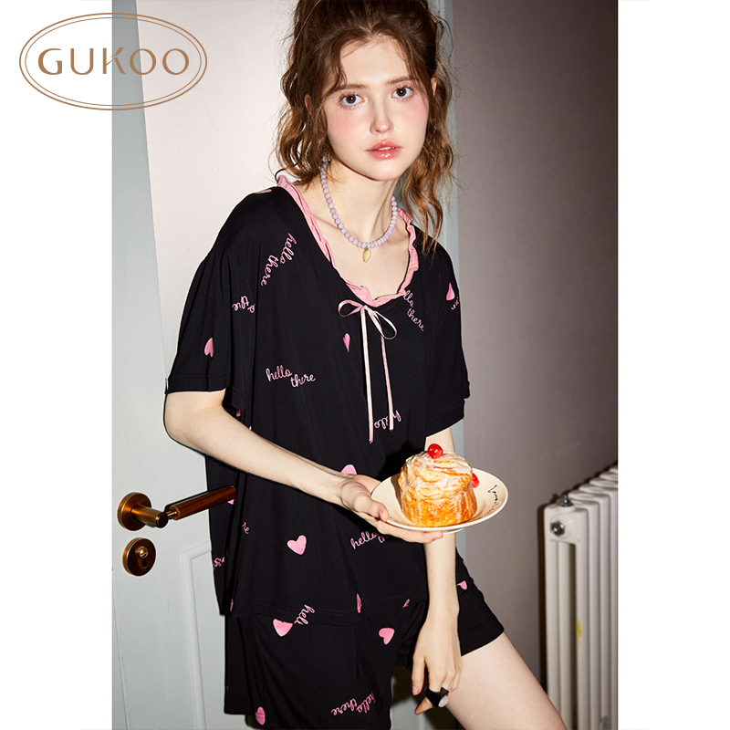 Gukoo/果壳睡衣女夏爱心满印短袖蝴蝶结家居服套装