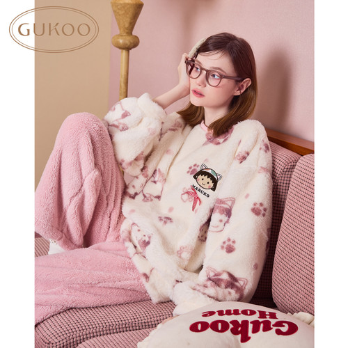 Gukoo/果壳睡衣女秋冬款樱桃小丸子联名满印加绒保暖家居服套装