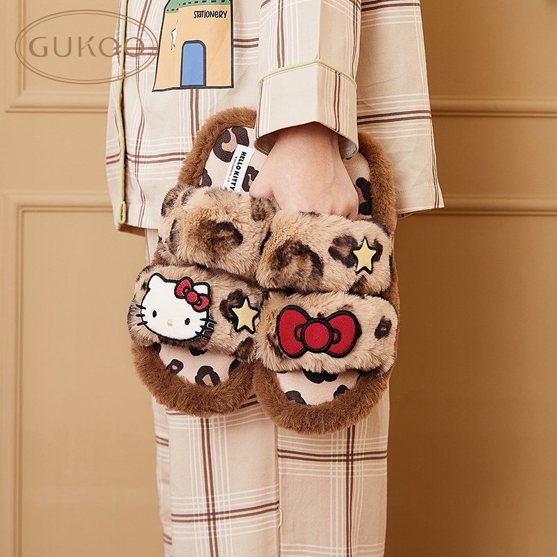 Gukoo/果壳拖鞋女秋冬款hellokitty系列豹纹居家毛绒拖鞋