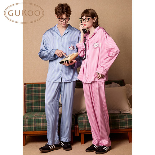 Gukoo/果壳睡衣情侣春秋款IP联名竖条纹家居服女士套装