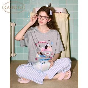 Gukoo 果壳睡衣女夏款 轰轰小狗系列纯棉短袖 家居服套装