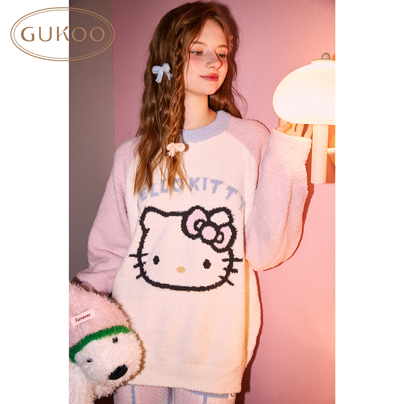 Gukoo/果壳睡衣女冬hellokitty系列半边绒冬款家居服套装可外穿