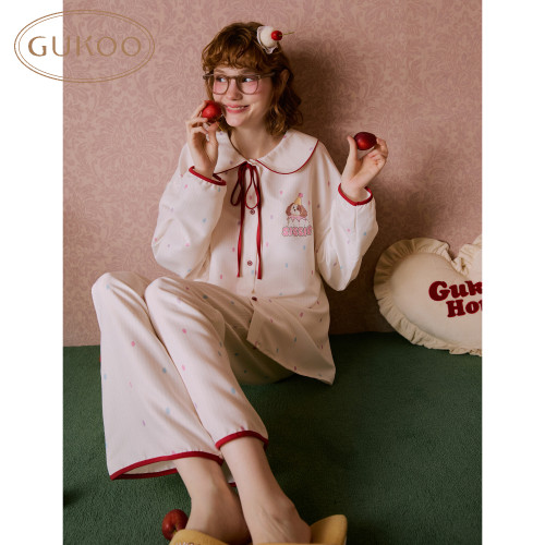 Gukoo/果壳睡衣女春秋原创高级感波点可外穿甜美可外穿家居服套装