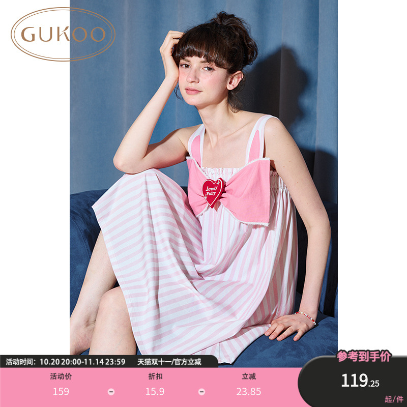 Gukoo/果壳睡衣女夏款纯棉蝴蝶结竖条纹吊带家居服睡裙