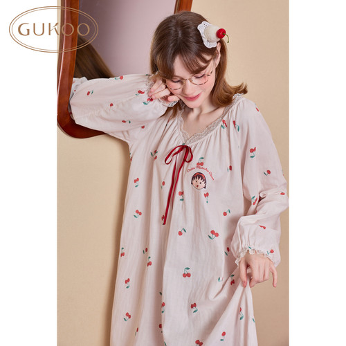 Gukoo/果壳【双层棉纱100%棉】睡裙女秋冬新款樱桃小丸子联名睡衣