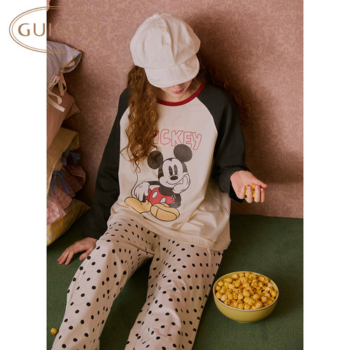 Gukoo/果壳睡衣女春秋米奇家族联名甜美印花纯棉家居服套装可外穿