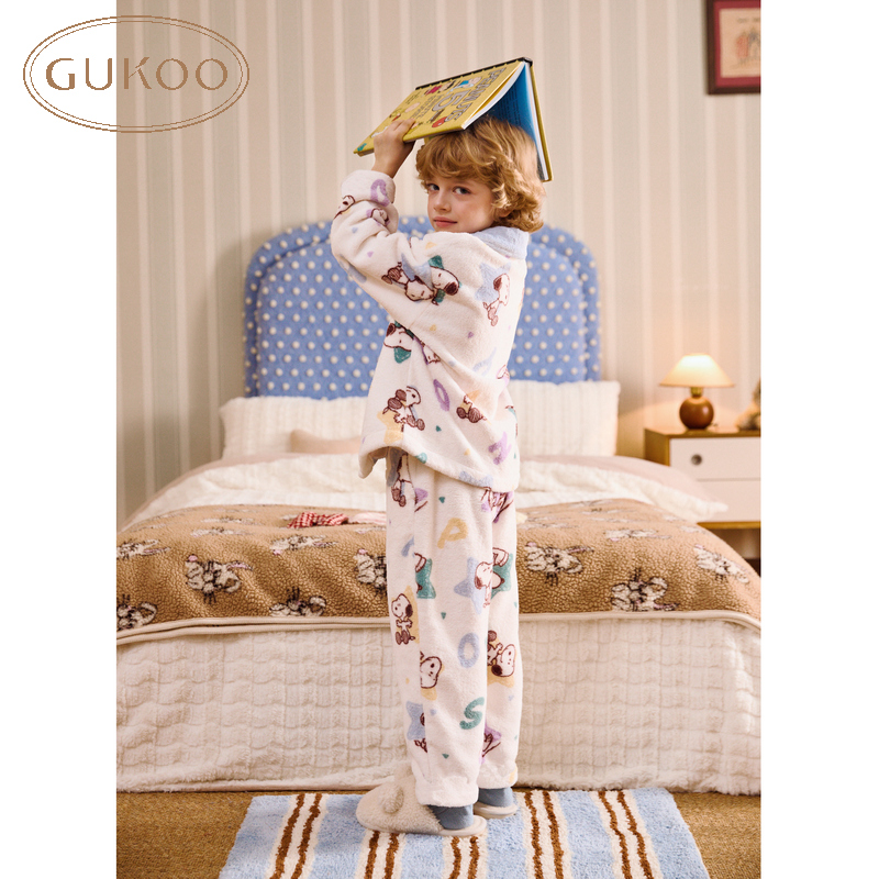 Gukoo/果壳睡衣男儿童冬款加绒史努比联名卡通满印家居服套装
