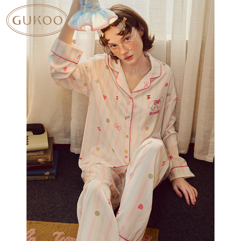 Gukoo/果壳睡衣女春秋款mikko冰丝满印高级感长袖家居服套装